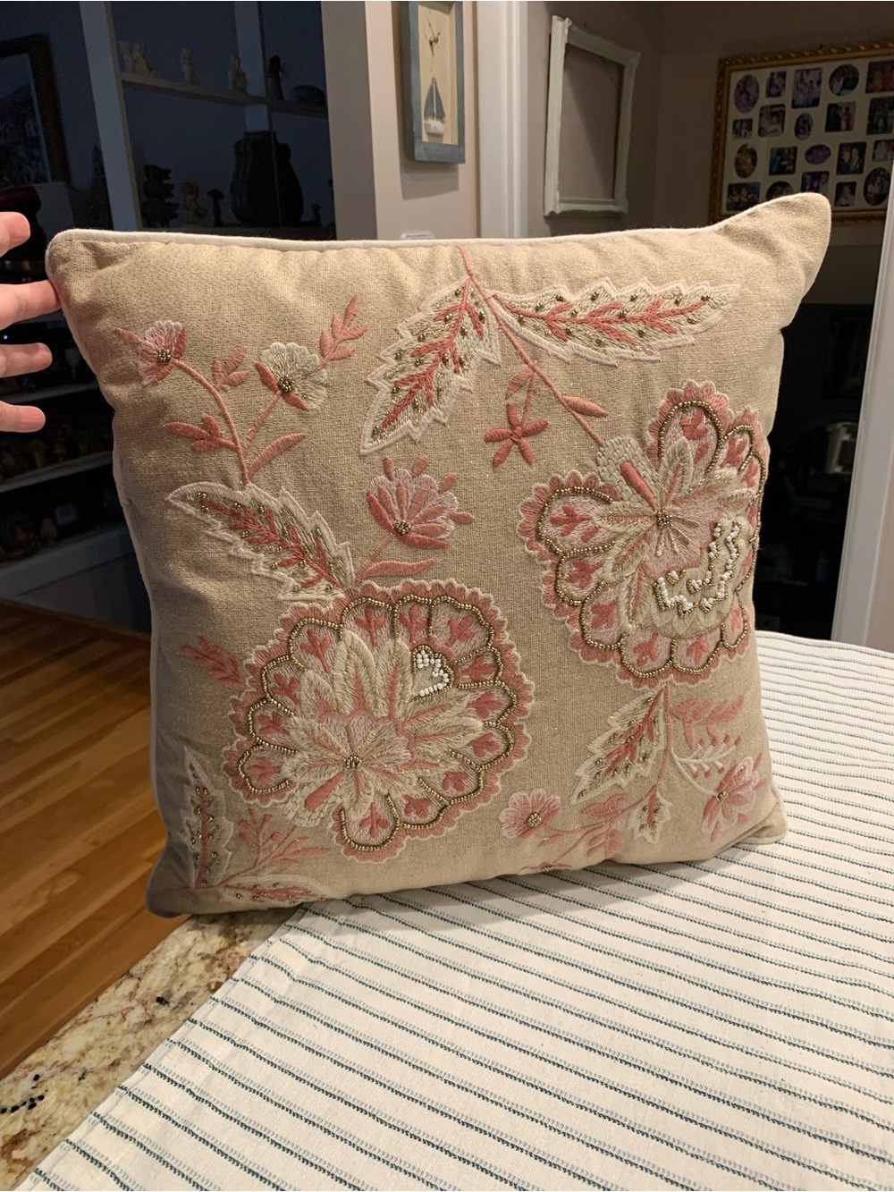 Pier 1 Embroidered Pillow with Pink Floral Accents